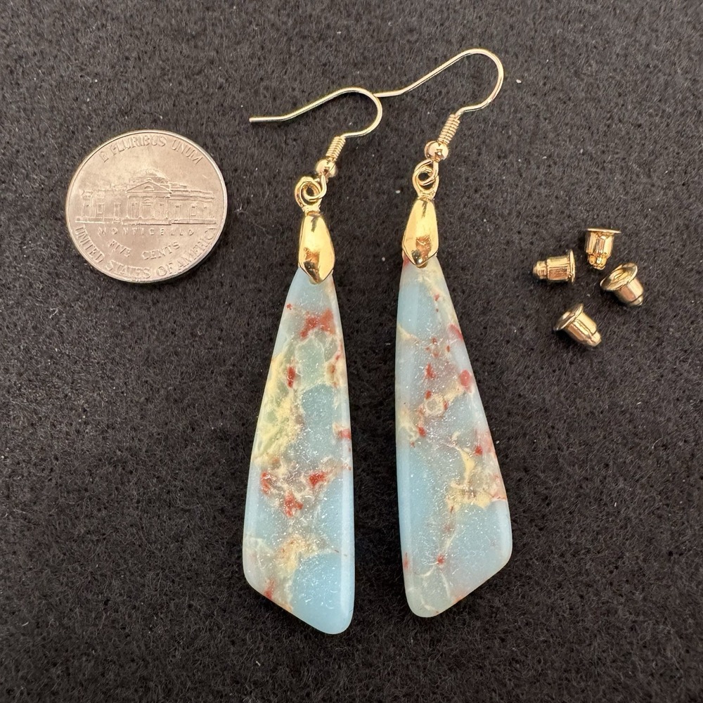Aqua Blue Marbled Resin Long Dangle Earrings Gold Tone Fish Hook New
